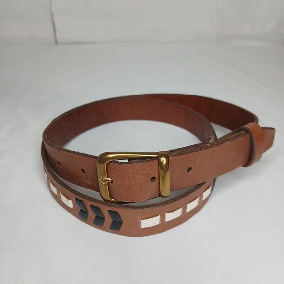 Fossil Women's Leather Dawson Woven Belt Brown White Large Western Designer - Picture 1 of 8